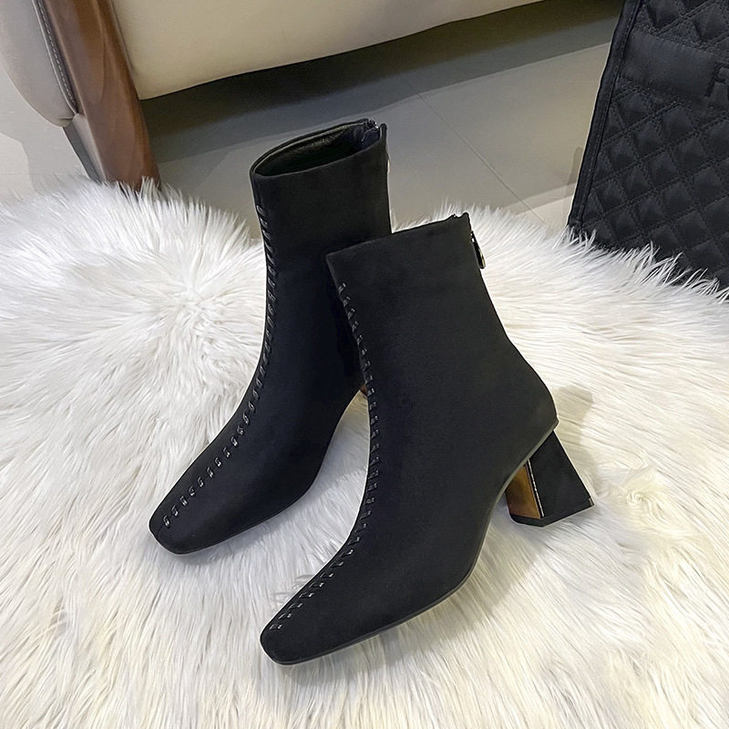 Bốt nữ cổ thấp mũi vuông gót dày 6–8 cm phong cách thanh lịch — Màu nâu (lớp lót nhung), Màu đen (lớp lót nhung)