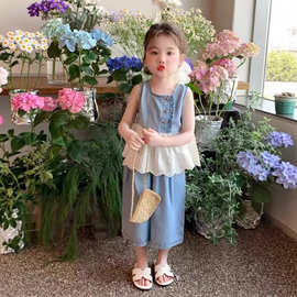 女童牛仔套装夏季2026新款女宝宝无袖花边牛仔背心裙裤子两件套装