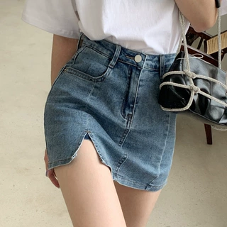 防走光小众高腰开叉牛仔半身裙女网红a字辣妹弹力复古包臀短裙女