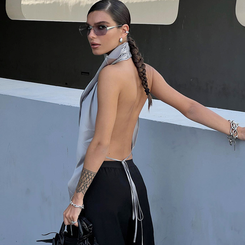 Damenbekleidung, einfarbig, rückenfrei, unregelmäßig, modisch, kreativ_voghion.com