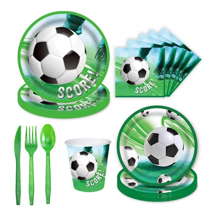 Juego de fiesta de cumpleaños para niños con tema de fútbol, vasos de papel desechables, bandejas de papel, manteles de papel, bandejas de papel para fiestas, platos