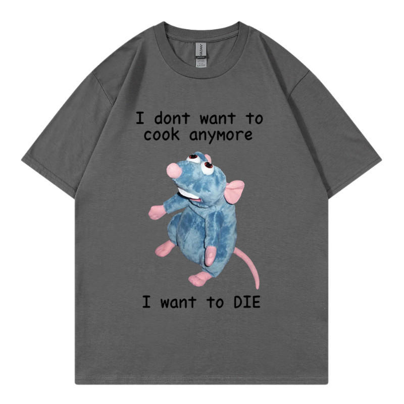 T-shirt en pur coton marque de mode sport nouveaux hommes ample col rond imprimé souris je ne veux pas cuisiner à nouveau T-shirt_voghion.com