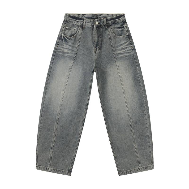 Quần jean nam ống rộng lưng giữa, dáng suông thẳng, denim mềm phong cách retro — màu xanh