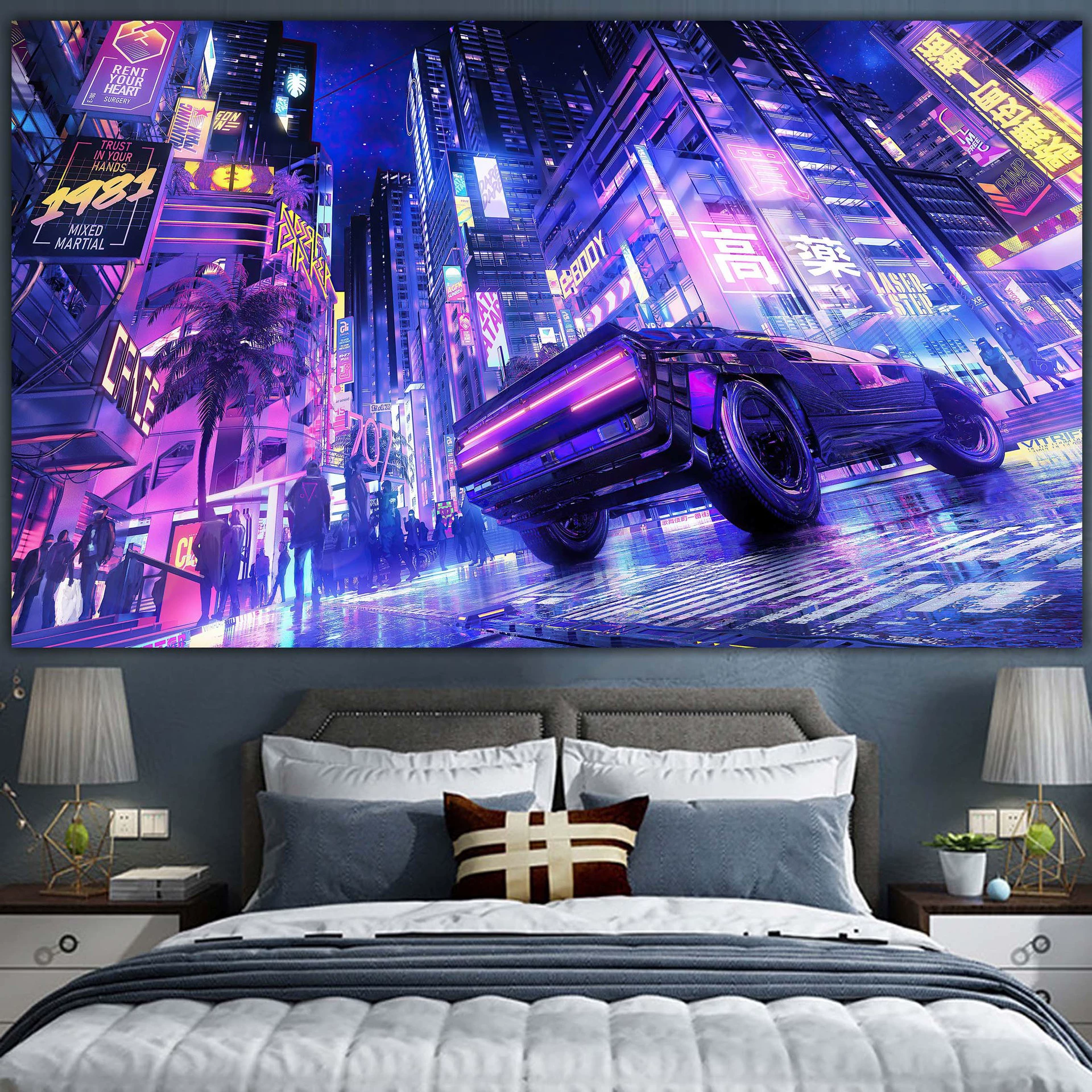 Постер cyberpunk неоновый город, размеры 38×65 см, 85×155 см, 110×200 см