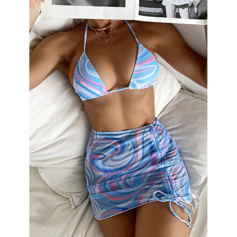 Mingyi nuevo bikini europeo y americano sexy bikini traje de baño mujer dividida multicolor patrón malla falda traje de tres piezas