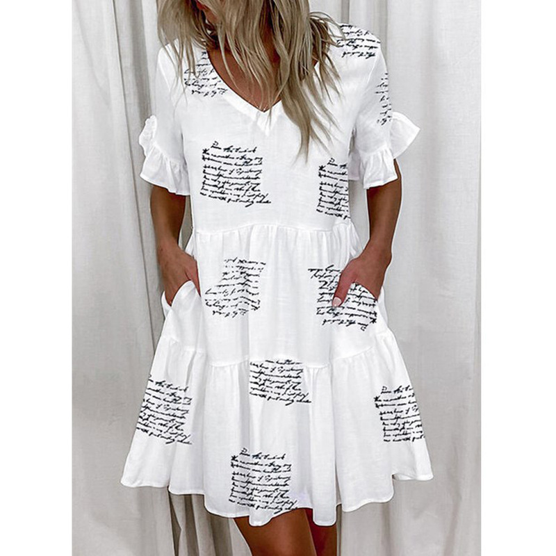 Cross-Border Amazon European and American Women's Clothing 2025 Spring and Summer Sweet V-Neck Printed Flared Dress European and American Style Cross-Border Amazon European and American Women's Clothing 2025 Spring and Summer Sweet V-Neck Printed Flared Dress European and American Style