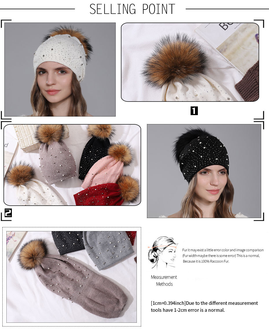 Perle de laine pour femmes pour la chaleur de l'hiver, chapeau tricoté en boule de fourrure de raton laveur, style pull à la mode pour femmes_voghion.com