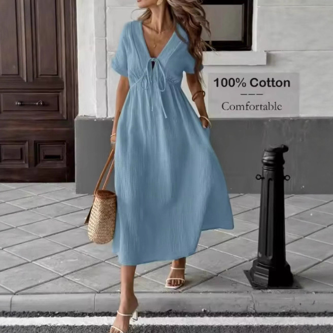 Elegant V-Neck Flowy Midi Dress - Soft Cotton Summer Dress For Women, Comfortable Loose Fit Casual & Office Wear (Available In 8 Colors)_ecoleips.com