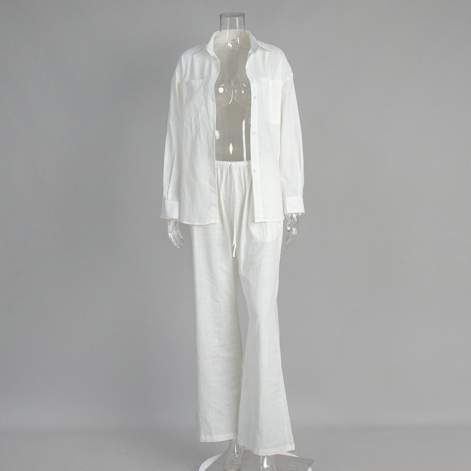 Bộ sơ mi dài tay cổ bẻ phối quần ống rộng dáng suông chất cotton — Màu cà phê, Màu cà phê nhạt, Màu kaki, Màu mơ chi tiết 6