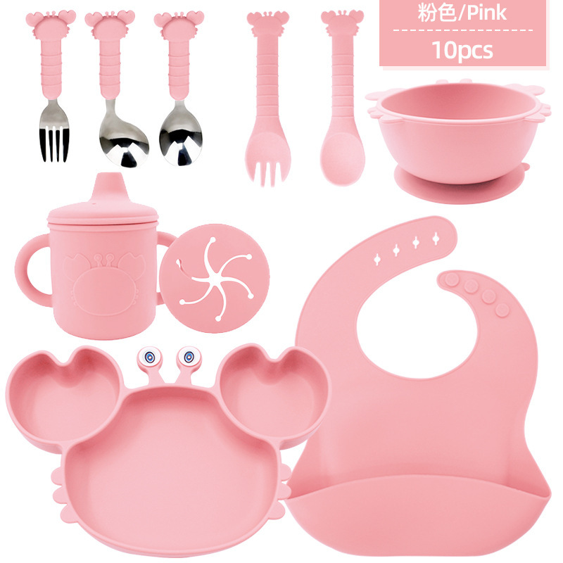 Bebé de grado alimenticio silicona cubierta set cangrejo plato set diez piezas bebés silicona anti-caída resistente al calor ventosa cucharas