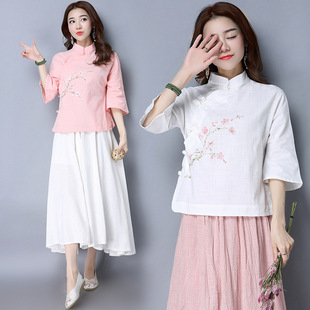 [Cotton and Linen Tops] Summer New Style of Women's Clothing in the Style of the Republic of China, Retro Chinese Style Stand-Up Collar, Buttoned Printed Cotton and Linen Tea Suit Tops