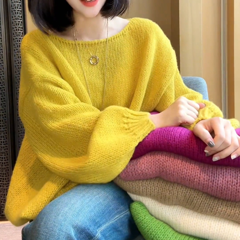 韩国东大门甜美风减龄百搭纯色长袖毛衣女宽松慵懒风显瘦针织上衣