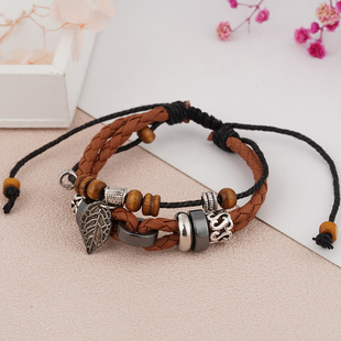 European and American Casual Vintage Cowhide Handmade Woven Bracelet British Style Men's and Women's Jewelry Fashion All-match Cross Leaves