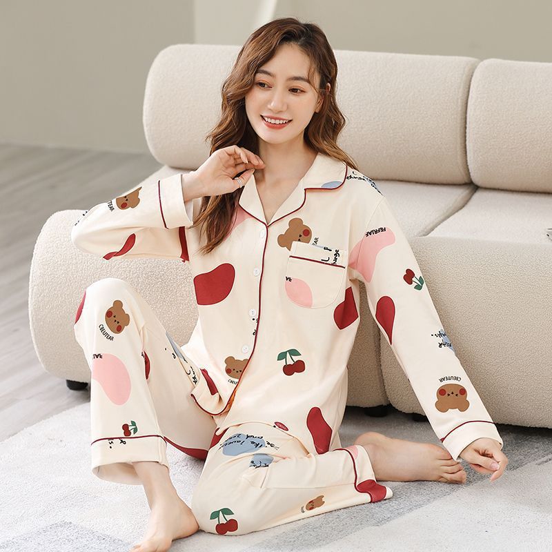 Pijamas de algodón para mujeres primavera y otoño, manga larga grande para vestir en Corea del Sur, lindo conjunto de ropa para el hogar