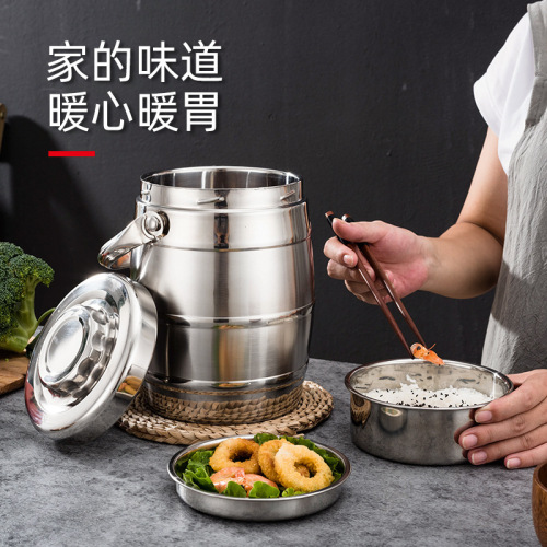 Non-magnetic stainless steel double-layer pot, office worker and student insulated lunch box, bowl and drum-shaped vacuum insulated bucket, convenient rice bucket