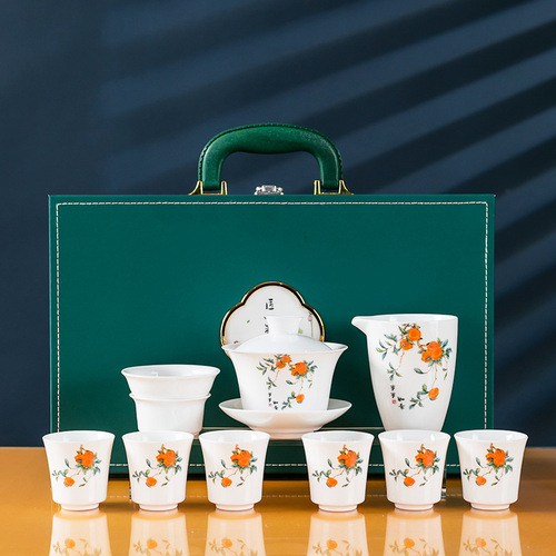 Dehua White Porcelain Lamb Fat Jade Entire Gongfu Tea Set, Simple and Luxurious White Porcelain, Company Activity Business Gift