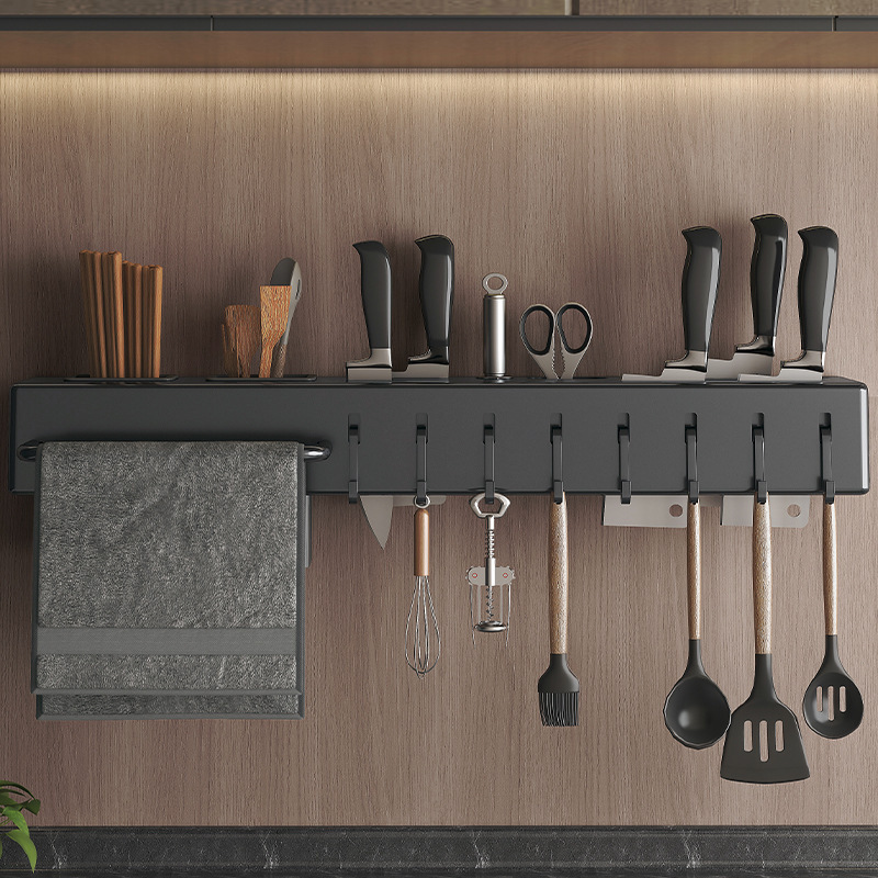 Rack de almacenamiento integrado para herramientas de cuchillo de cocina sin perforación tipo pared multifuncional para herramientas de cuchillo de barril de cocina