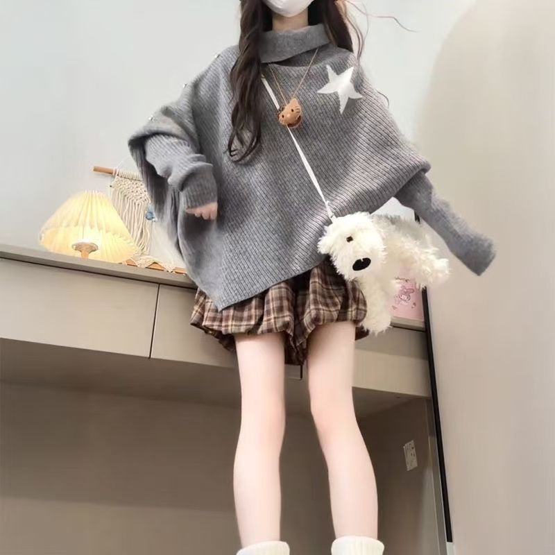 韩系时尚设计不规则高领五角星提花针织毛衣+格纹花苞裙女两件套