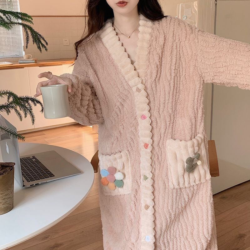 彩虹睡衣套装女秋冬法兰绒加厚保暖睡袍甜美纽扣开衫家居服可外穿|undefined