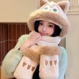2025新款款帽子围巾手套一体女秋冬季兔子耳朵可爱帽子