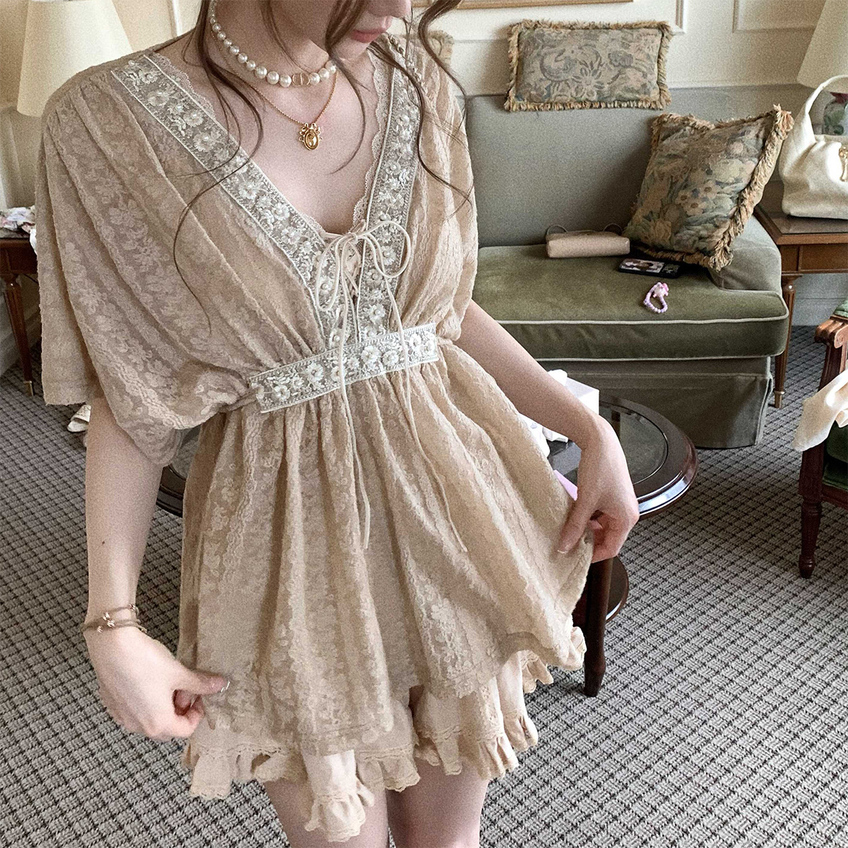 In Stock: Angel's Love Lace Jacquard Beaded Cover-up Women's V-Neck Tie Waist Slim Fit Japanese Style Loose Fit