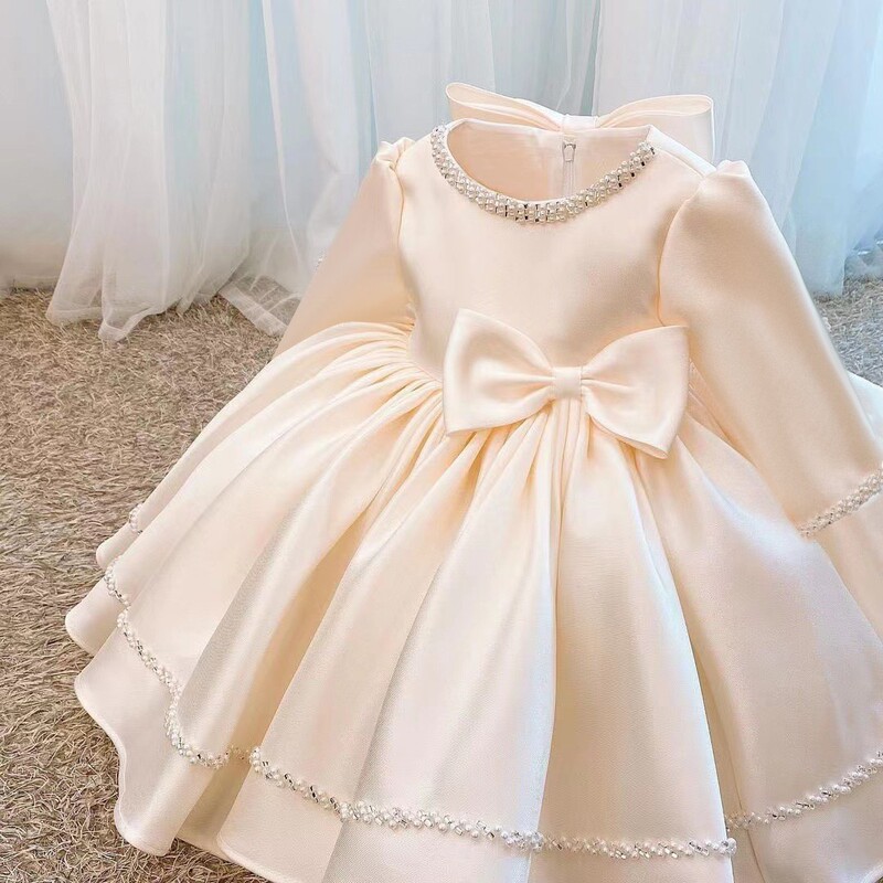Children's Dress Little Girl Princess Dress Spring and Autumn Girls' Dress Champagne Wedding Dress Flower Girl Performance Baby One Year Old