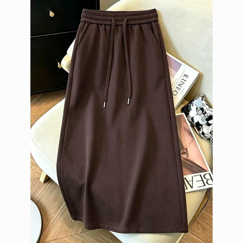 Gray women's skirt, autumn 2026 new style, elastic waist with tie, simple long skirt, casual A-line straight skirt Gray women's skirt, autumn 2026 new style, elastic waist with tie, simple long skirt, casual A-line straight skirt
