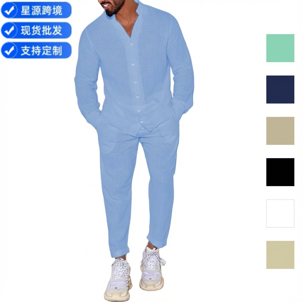 Cross-border European and American style men's linen autumn casual suit, long-sleeved fashion workwear trousers, two-piece foreign trade set