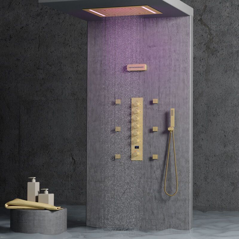 Luxury concealed brass shower suit 500*360mm brushed gold cold and hot digital bathroom LED shower
