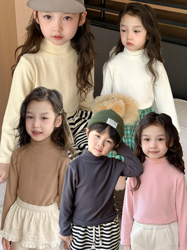 Girls' cashmere base layer shirt, autumn/winter new arrival—children's long-sleeved T-shirt, stylish, for boys—half-high-neck base layer top for inner wear.
