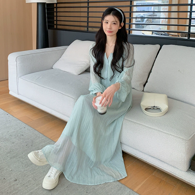 2025 новые платья для беременных весной синий с длинным рукавом