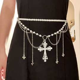 欧美复古时尚个性网红搭配连衣裙饰品潮 流苏十字架仿珍珠腰链女