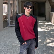 垫肩设计小众廓形撞色T恤卫衣美式高街宽松潮男长袖 CD2263 无