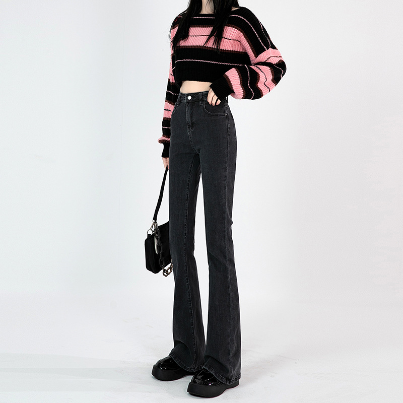 Grey Micro-Lar Jeans Women's Autumn and Winter High Waist Slimming Horseshoe Pants Small Slim-Fit Elastic Spring and Summer Horn Pants