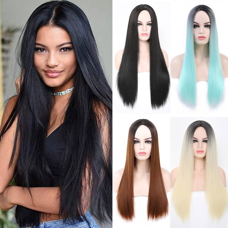 Xuchang Wig Cross-Border Amazon Foreign Trade Long Straight Hair Chemical Fiber Fashion Full Headgear Black Long Straight Wig Middle Parted Headgear