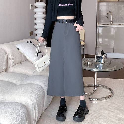 Women's gray suit pants for spring and autumn, mid-length casual high-waisted slimming pleated A-line with slits