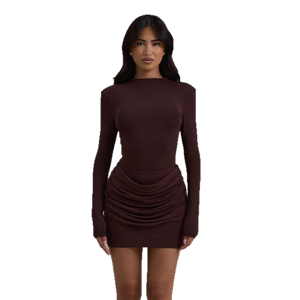 2025 transfronterizo estilo europeo y americano de otoño nuevo paquete sexy de color sólido cuello redondo prensado de vestir delgado de mujer
