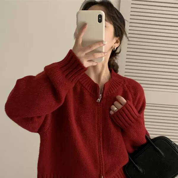 慵懒风双拉链毛衣外套女2024秋冬短款设计感小众简约韩系针织开衫
