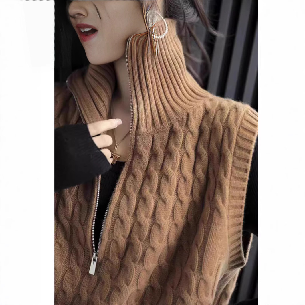 秋冬高领半拉链纯羊毛针织衫马甲背心女时尚叠穿外搭坎肩麻花毛衣