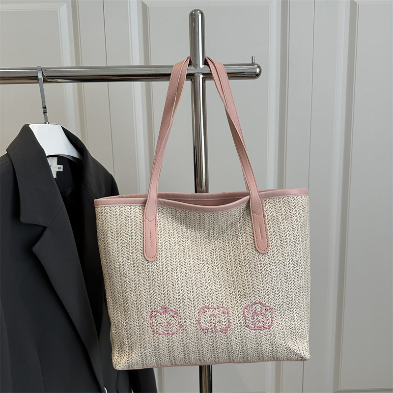 Large Woven Straw Shoulder Bag For Women Trendy Colour-blocking_voghion.com