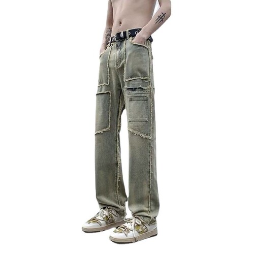 Vibe American streetwear pants, trendy brand, cool and stylish, hitting the streets, retro vintage, frayed edge, patchwork, workwear jeans