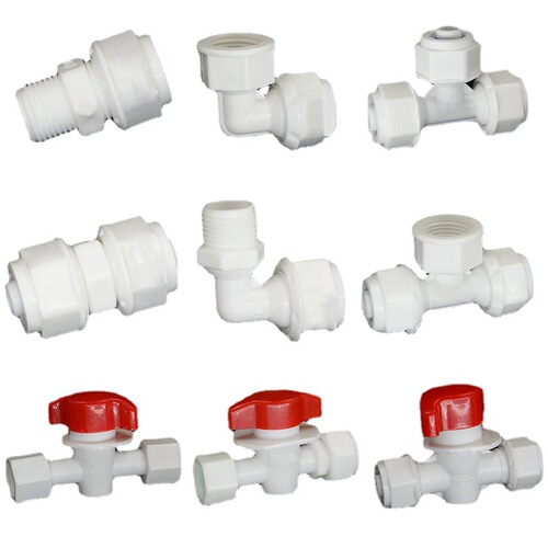 POM connector solar pipe fitting 1216 inner and outer threaded tee direct elbow 4/8 inch aluminum composite pipe connector ball valve