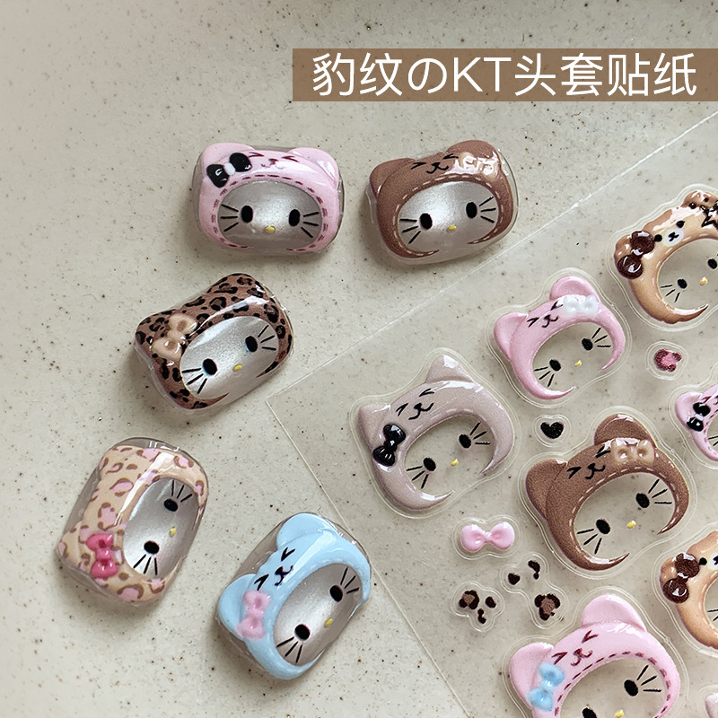 Hatted Kitty Manicure Stickers Autumn and Winter Cute Kt Cartoon Headgear Stereo Relief Manicure Stickers Nail Stickers Decoration