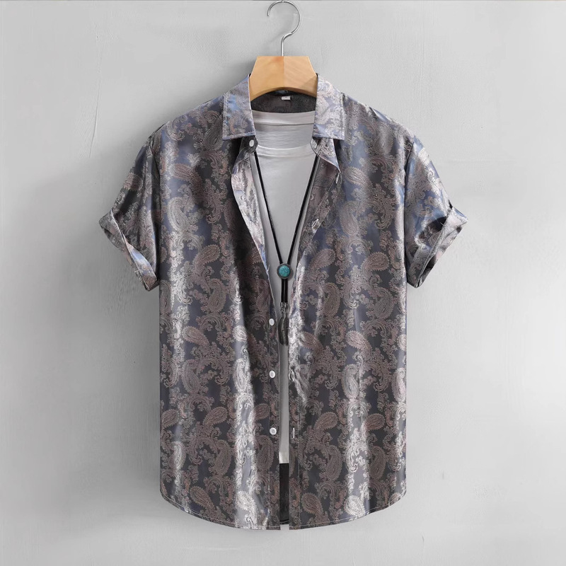 European and American Cross-Border Amazon Popular Men's Short-Sleeved Shirt Satin Jacquard Fashion Casual Loose Men's Shirt