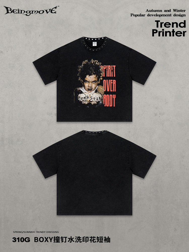 Calle secada| Nuevo estilo americano retro remache callejero collar de manga corta suelta pesado hacer vieja camiseta lavada con agua para hombres