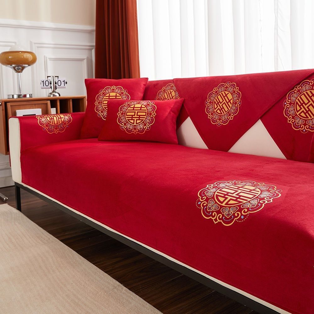 Celebration red sofa cushion all-season universal wedding bedroom decoration layout cover wedding celebration anti-slip cover wholesale