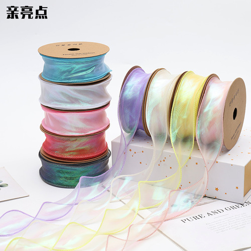 Wholesale  new flower shop materials flower bouquet packaging silk ribbon pearlescent wave colorful mermaid ribbon
