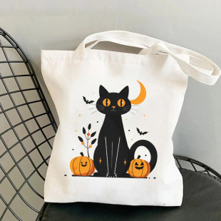 Halloween Black Cat Pumpkin Canvas Tote Bag Eco-Friendly Reusable Shopping Bag Large Capacity Travel Shoulder Bag