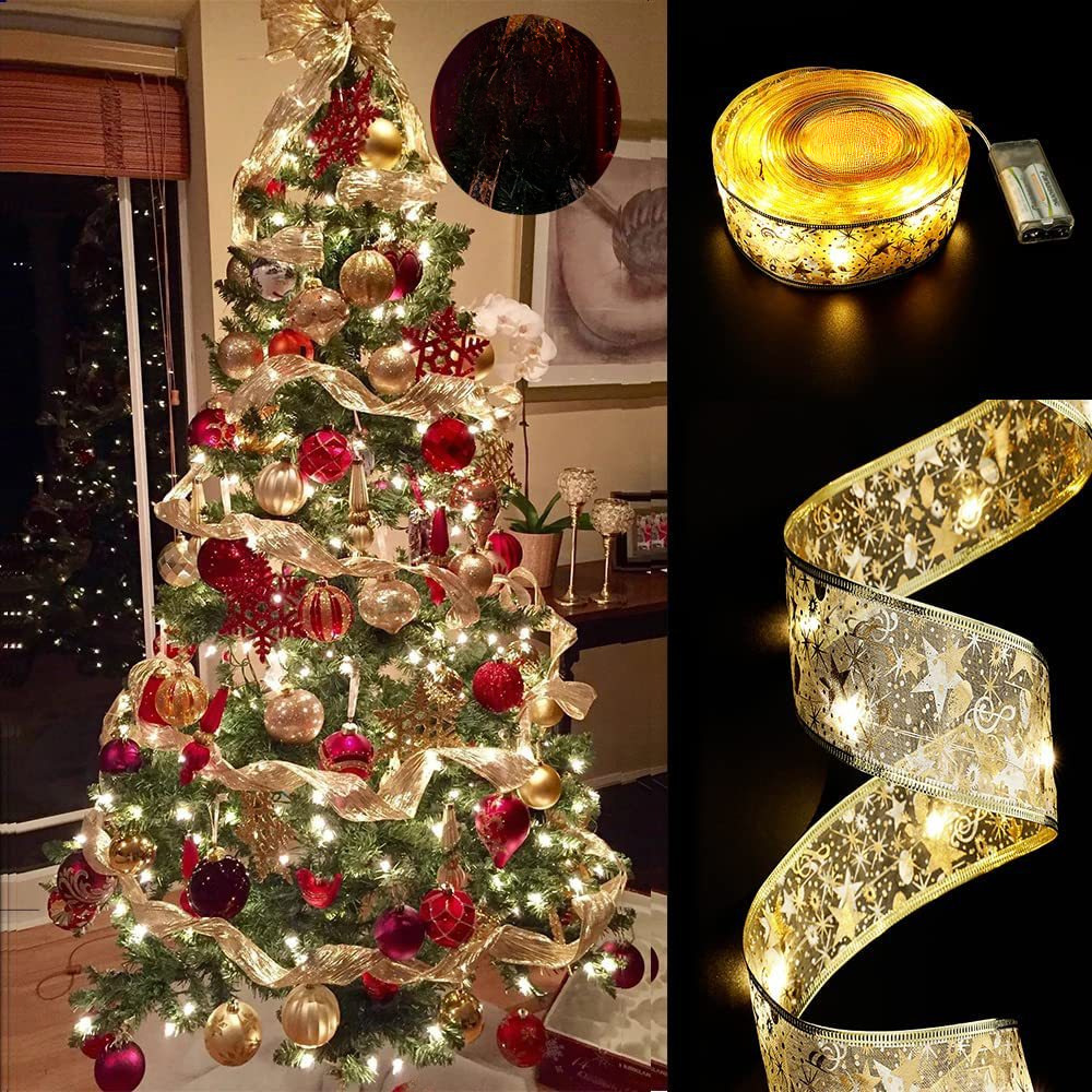 Christmas Ribbon LED Light String Christmas Decorations Christmas Tree Decoration Pendant Gift Bronzing Double Layer Ribbon_voghion.com