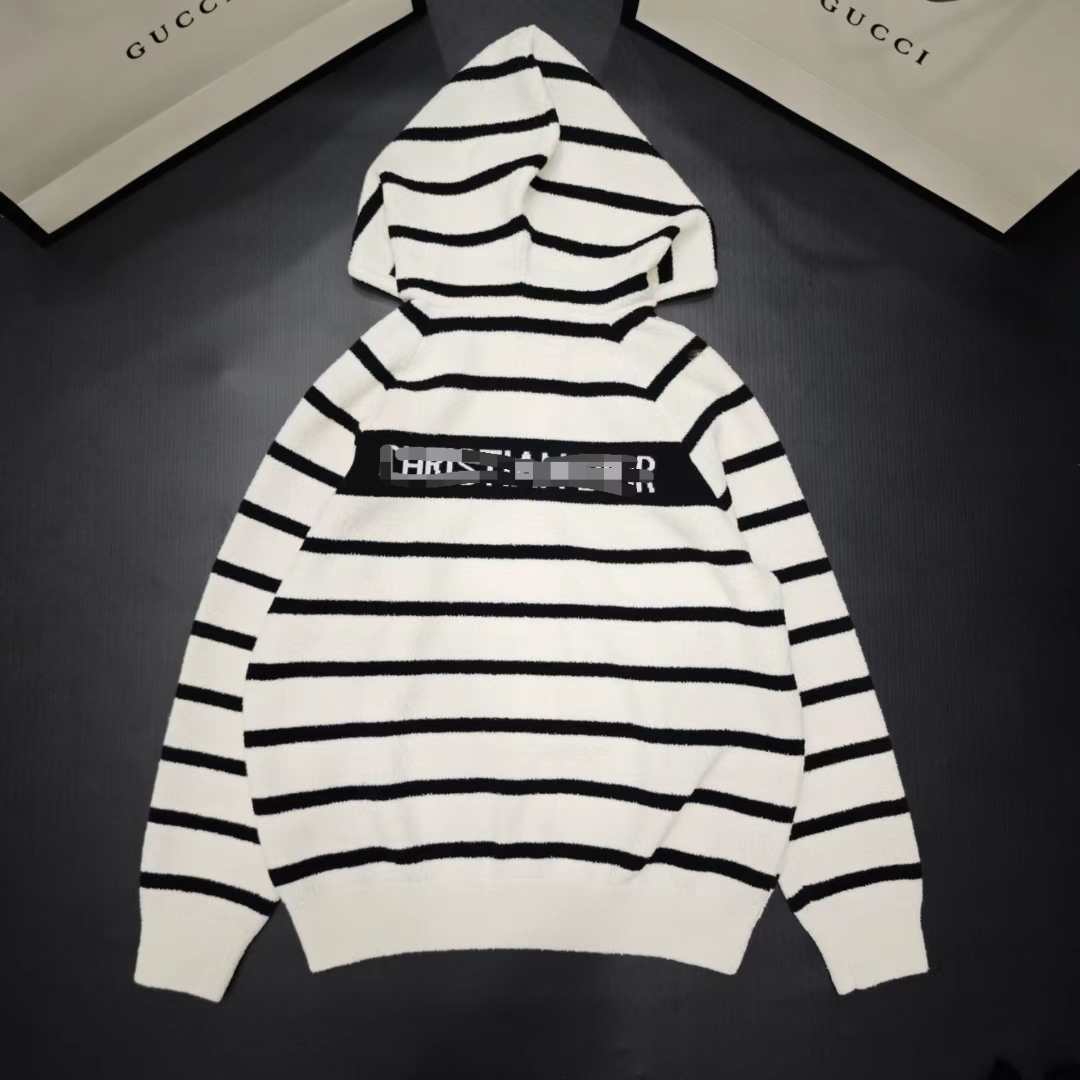 D家高定25年早秋新款条纹连帽拉链针织开衫时髦慵懒风软糯长袖外